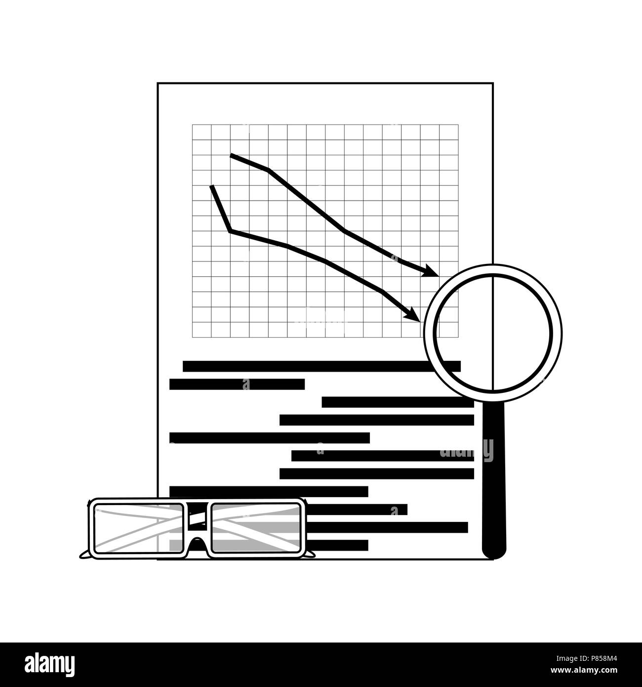 Mercato di linea verso il basso. Diagramma vettoriale freccia giù e lente di ingrandimento immagine Illustrazione Vettoriale