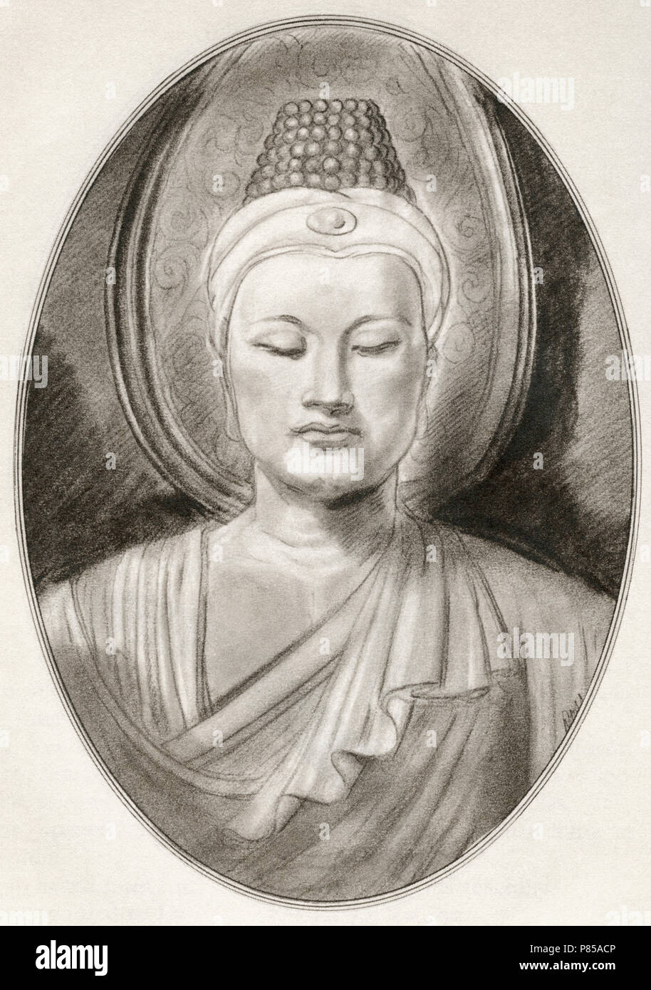 Gautama Buddha, c. 563/480 - c. 483/400 BC, aka Siddhārtha Gautama, Buddha Shakyamuni o il Buddha. (Ascetica śramaṇa) e salvia. Illustrazione da Gordon Ross, artista americano e illustrator (1873-1946), dal vivere le biografie di leader religiosi. Foto Stock
