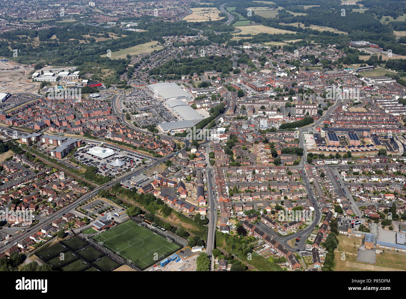 Vista aerea della città di Prescot, Merseyside Foto Stock