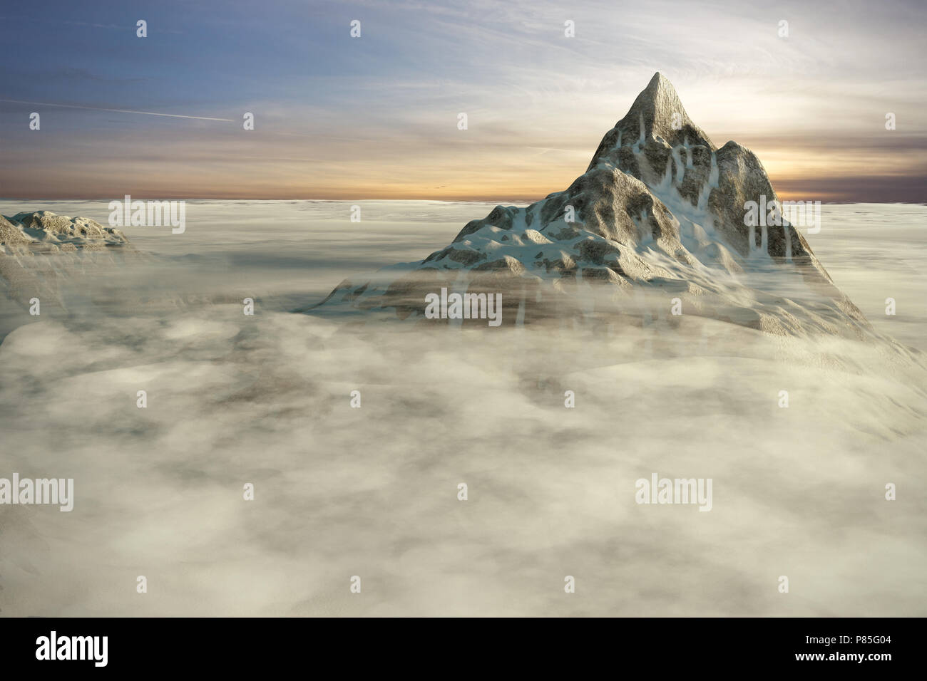 Picchi di alta montagna sopra le nuvole dal tramonto. 3D render illustrazione. Foto Stock