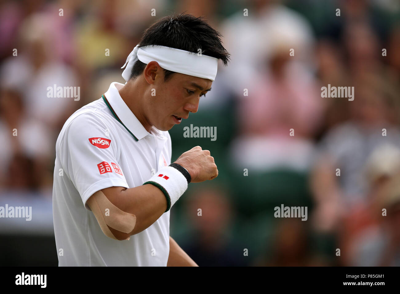 Kei Nishikori il 7° giorno dei Campionati di Wimbledon all'All England Lawn Tennis and Croquet Club di Wimbledon. PREMERE ASSOCIAZIONE foto. Data immagine: Lunedì 9 luglio 2018. Vedi PA storia TENNIS Wimbledon. Il credito fotografico dovrebbe essere: Steven Paston/PA Wire. Foto Stock