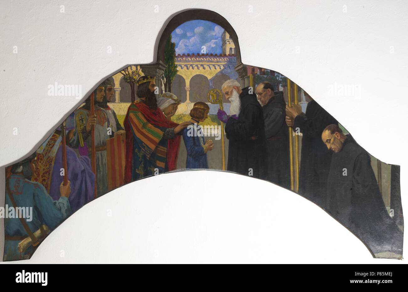 L oblazione di Radulf. Wilfred pelose dà il suo figlio all'abate di ripol. Baldacchino altare della chiesa di Santa Maria di Ripoll Monastero, 1912. Museo di Ripoll, Catalogna, Spagna. Foto Stock