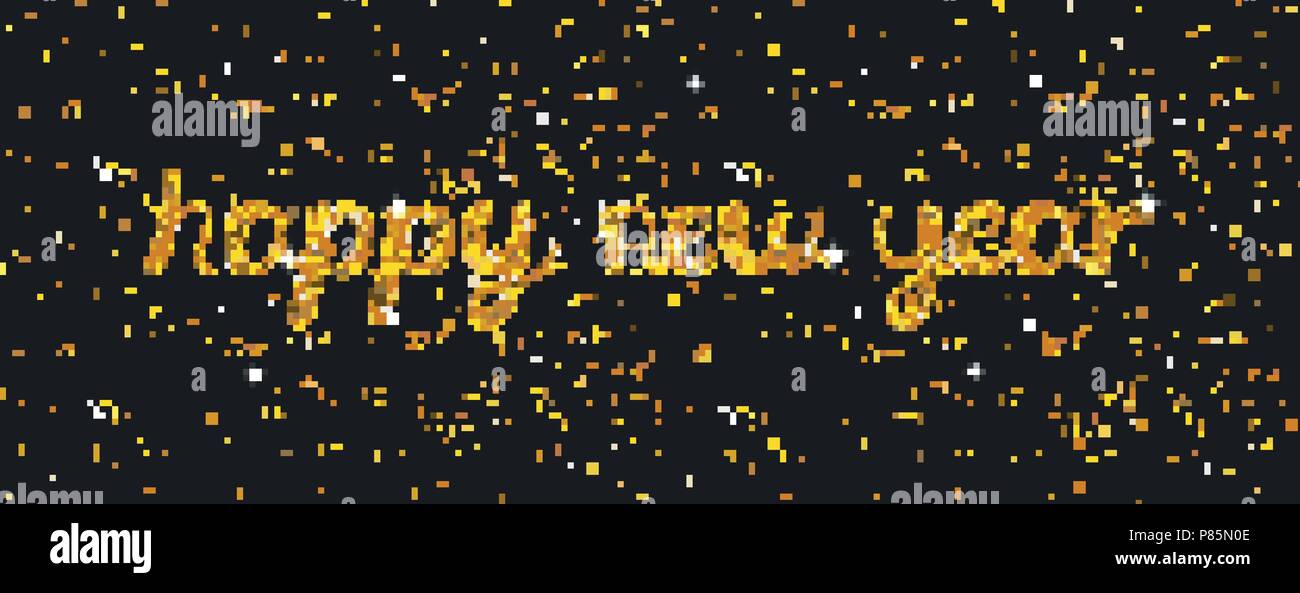 Stock illustrazione vettoriale testo calligrafico felice anno nuovo lettering design isolato su sfondo nero. Oro brilla, Golden sfondo per card, vip, esclusiva, certificati regalo, lusso. EPS10 Illustrazione Vettoriale