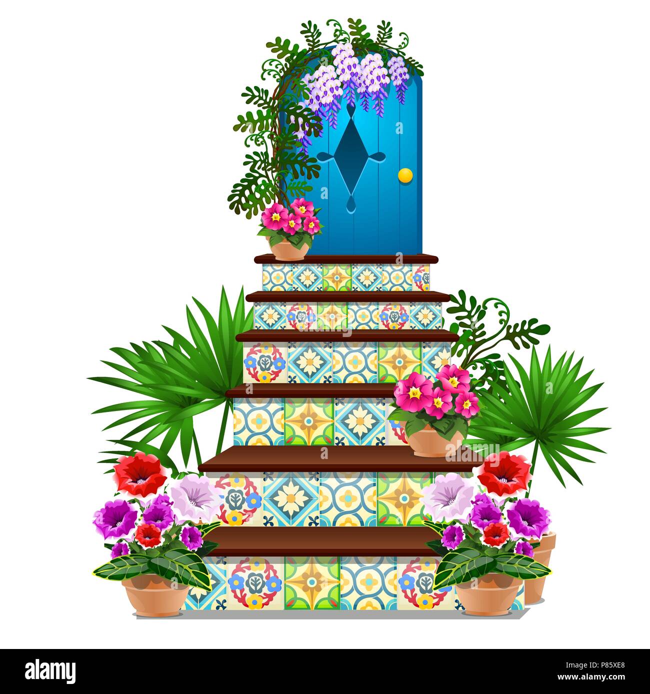 Decorazioni in forma di un blu porta di legno e passaggi piastrellata con multi-ornamenti colorati, fiori freschi in vasi isolati su sfondo bianco. Vector cartoon close-up illustrazione. Illustrazione Vettoriale