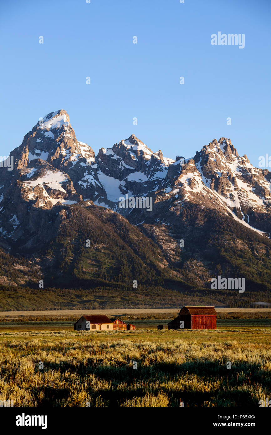WY02770-00...WYOMING - edifici storici nel Parco Nazionale di Grand Teton lungo il Mormon Stefano con la gamma Teton in background. Foto Stock