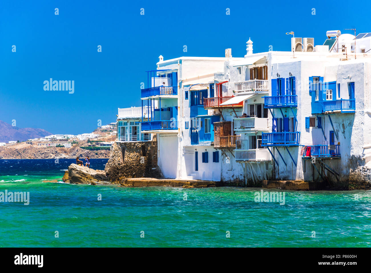 Vista del famoso pittorica Venezia piccola baia di Mykonos città di Mykonos in Grecia Foto Stock
