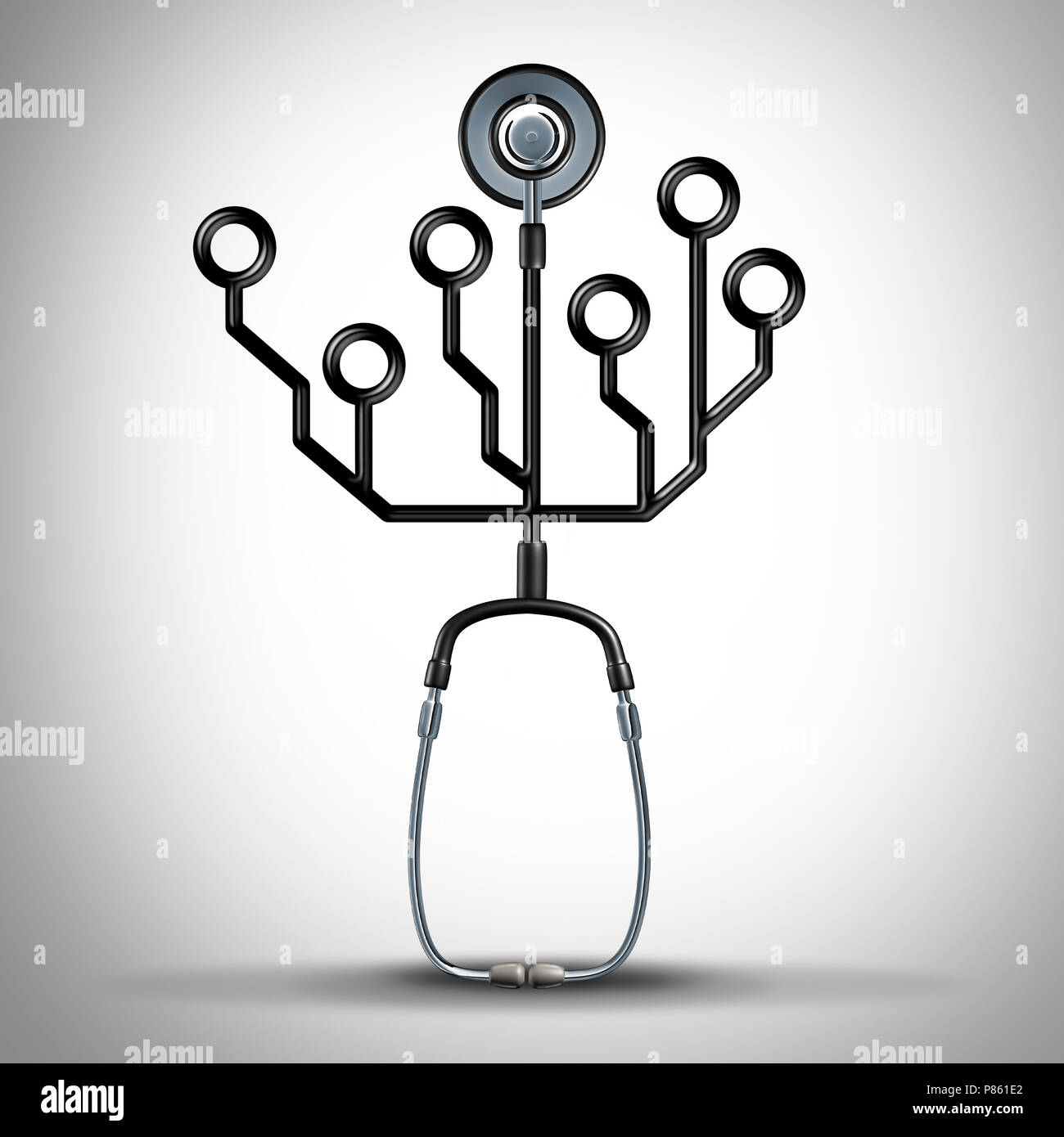 La tecnologia della medicina e sanità digitale o di dati medici nozione come un medico stetoscopio conformata come un circuito elettronico come un 3D'illustrazione. Foto Stock