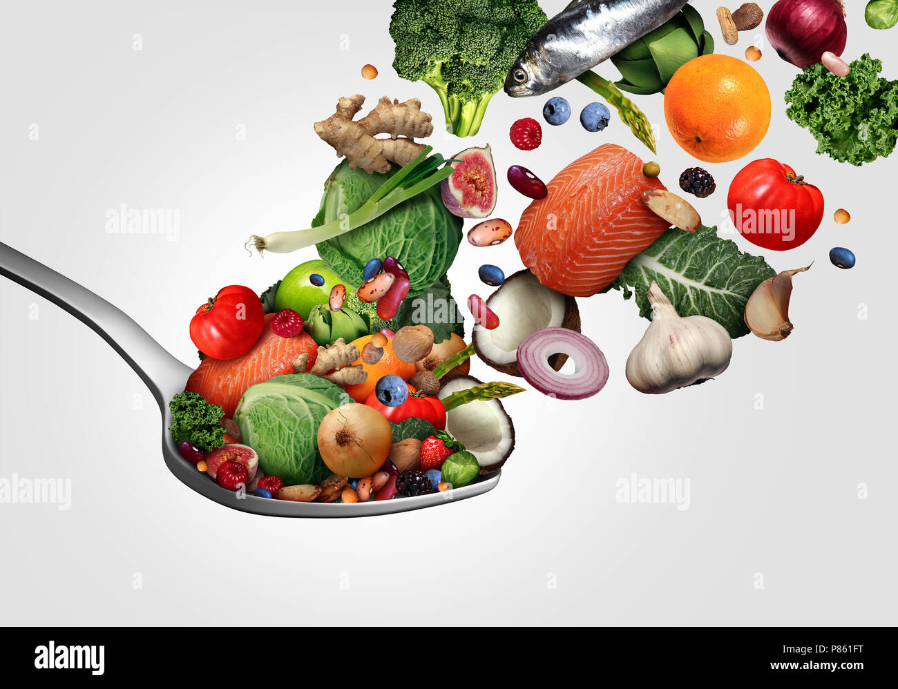 Il cibo sano di mangiare ciò che è buono per il cuore come frutta ortaggi di pesce e di frutti di bosco con dadi nutriente su un cucchiaio come un bene per la salute del cuore ingredienti Foto Stock