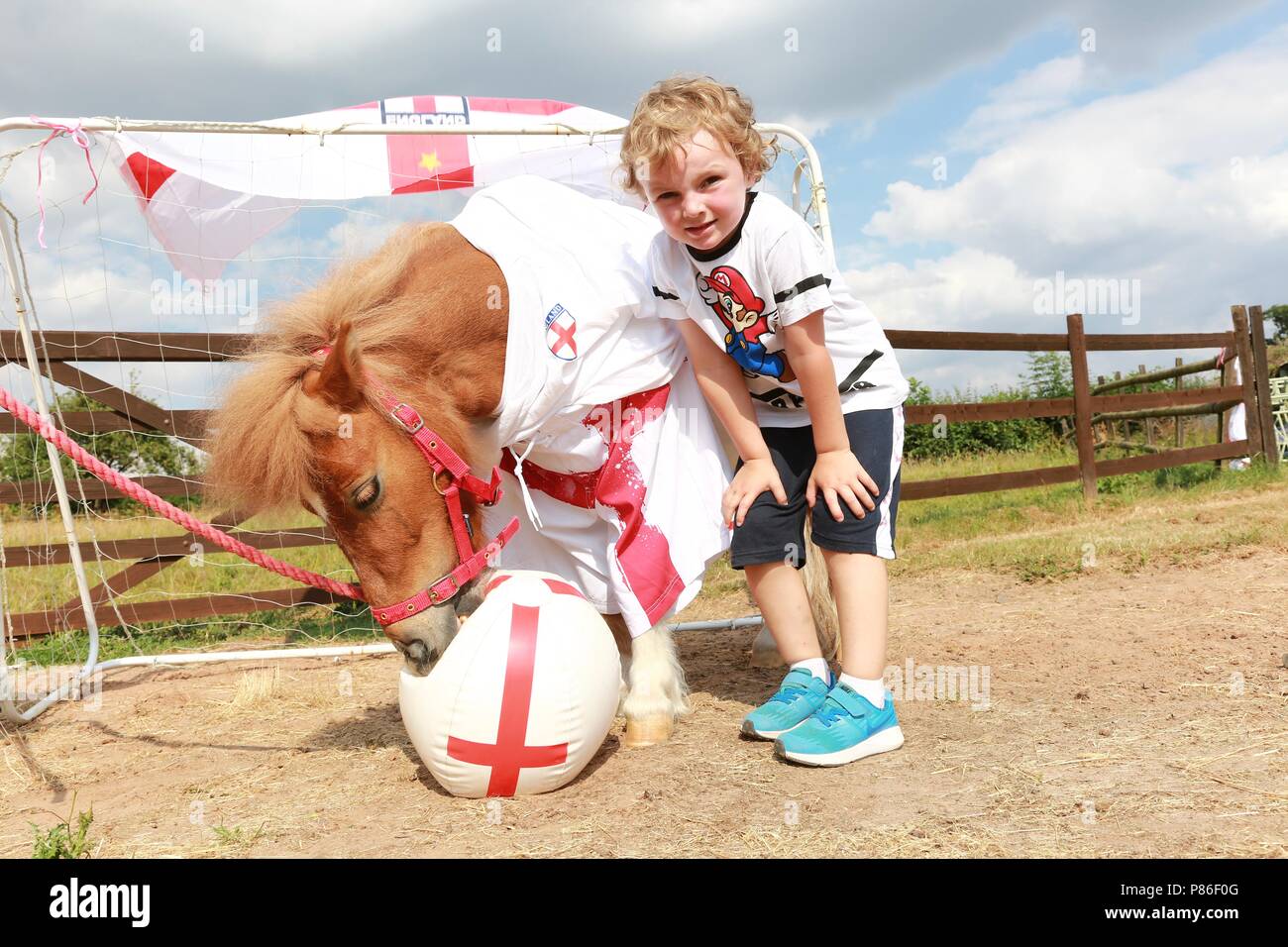 5 anno old boy e il suo pony Shetland vestito in Inghilterra kit calcio, REGNO UNITO Foto Stock