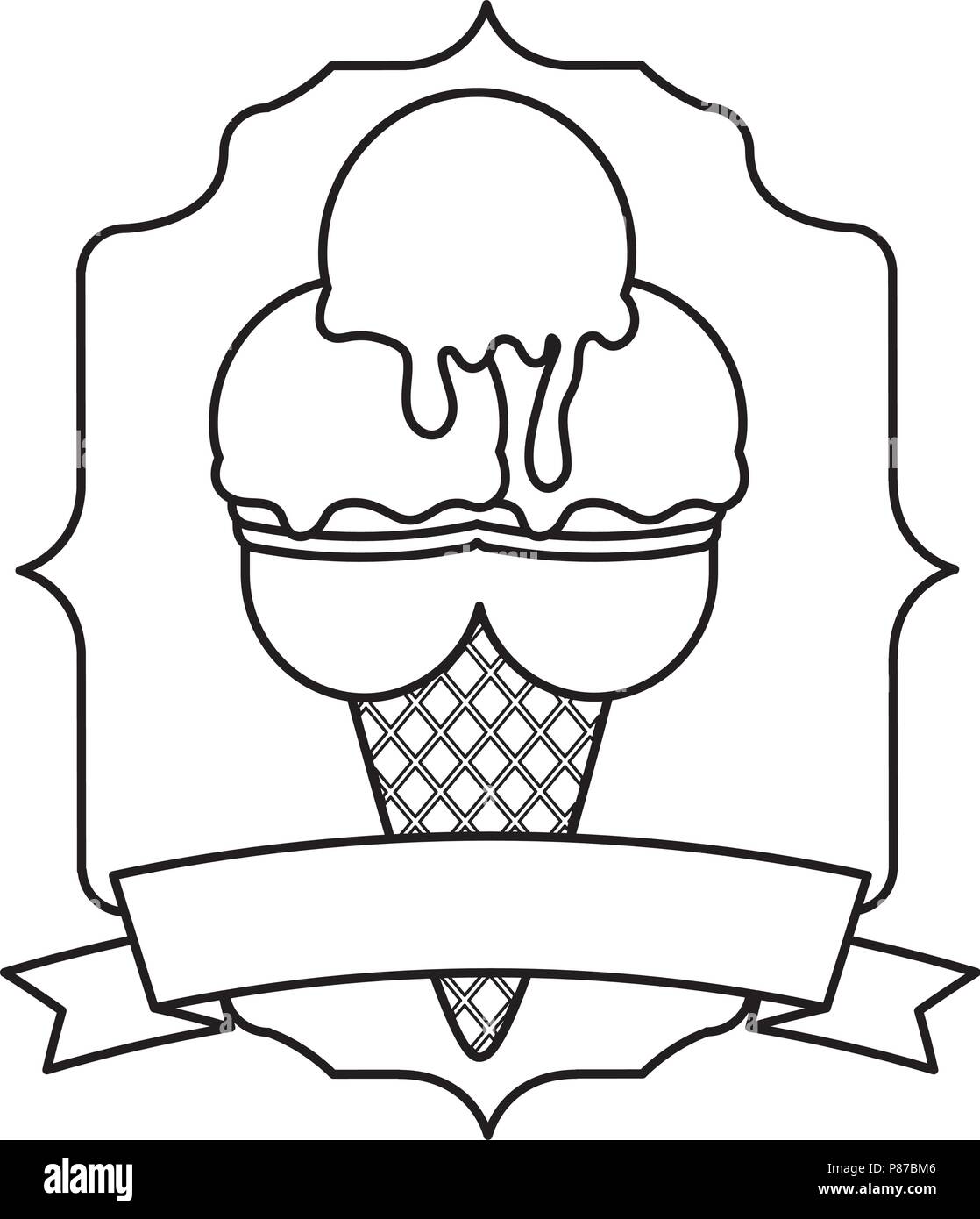 Gelato alla crema con tre scoop su cornice decorativa e il nastro e lo sfondo bianco, illustrazione vettoriale Illustrazione Vettoriale