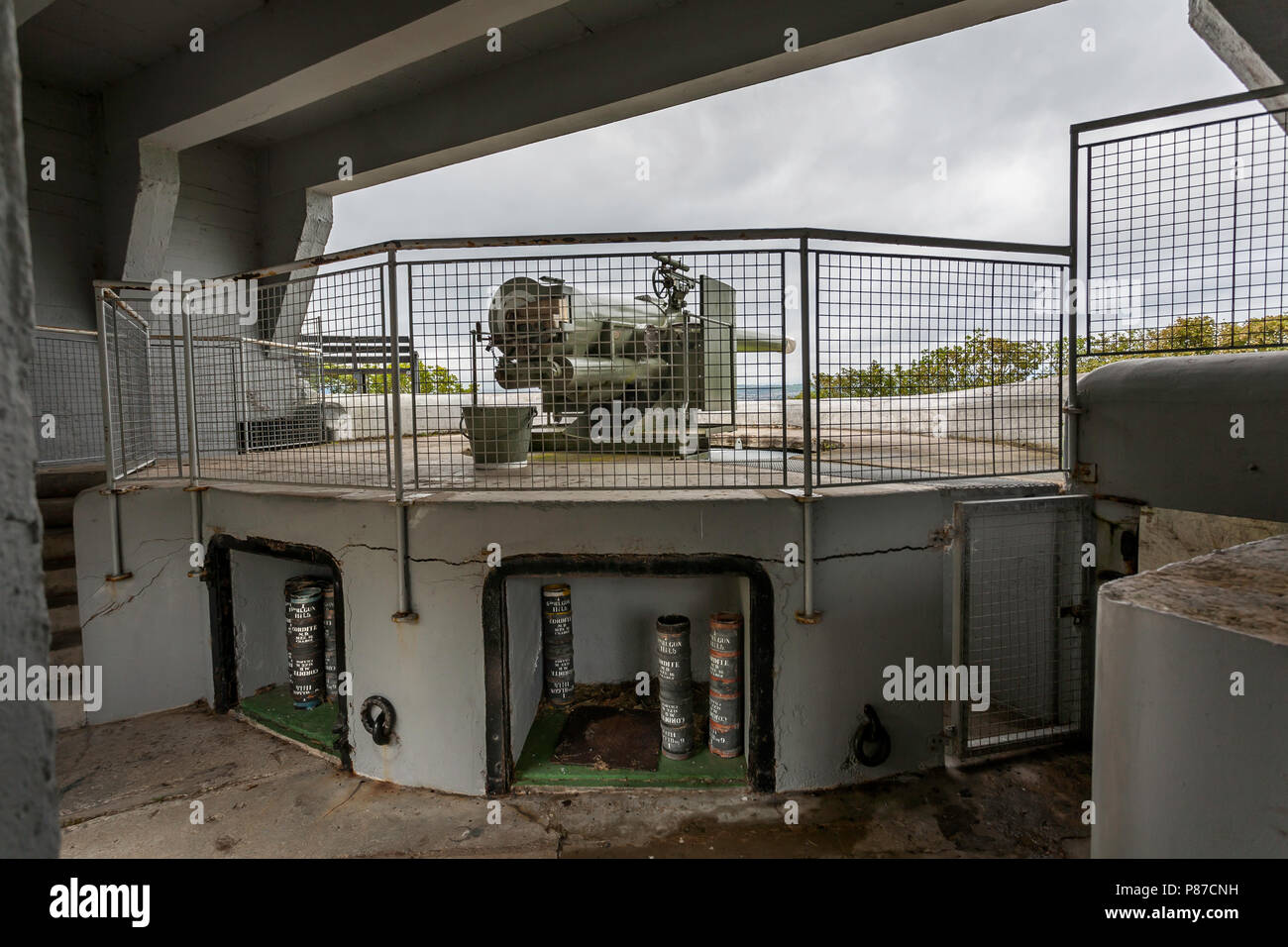 La difesa costiera gun emplacement batteria al punto grigio Fort costruito nel 1904 Foto Stock