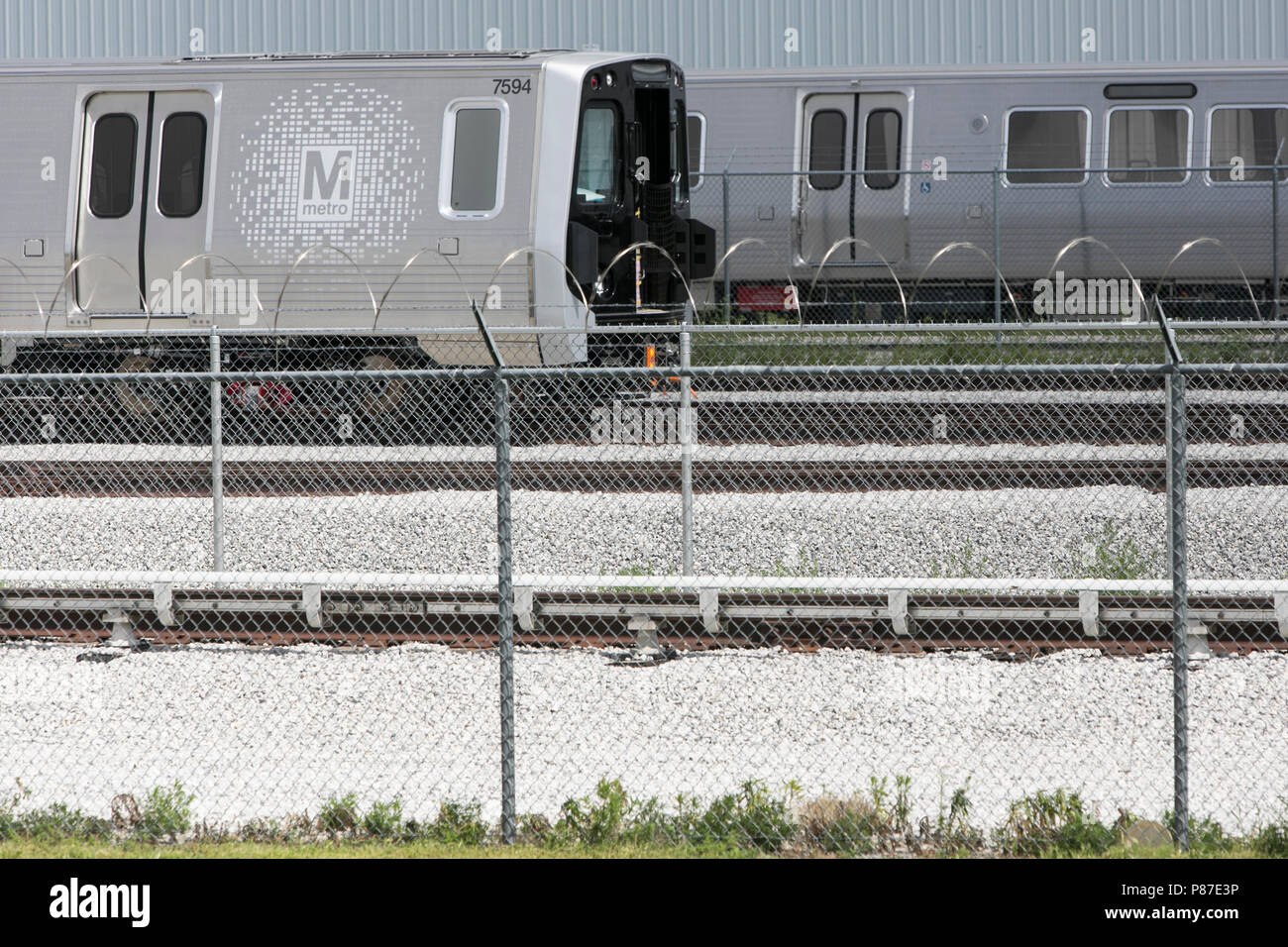Costruito di recente serie 7000 WMATA dalla Metro rail auto al di fuori della rampa di Kawasaki Automobile Manufacturing Facility in Lincoln, Nebraska il 1 luglio 2018. Foto Stock