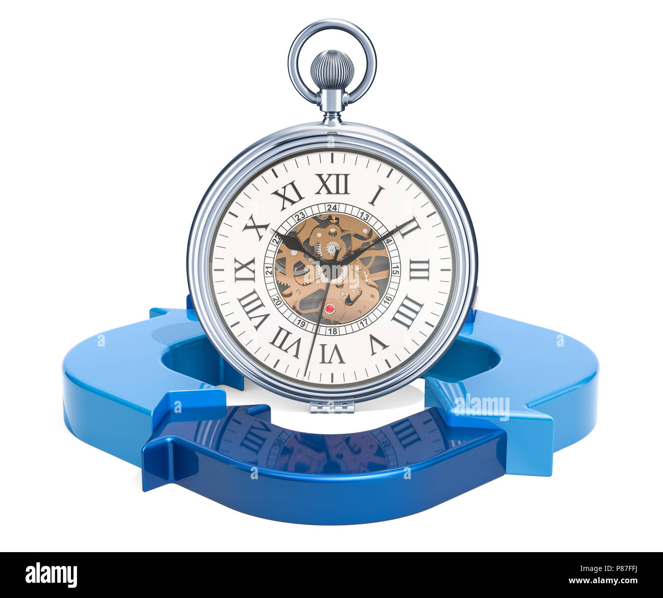 Orologio da tasca con frecce di colore blu. Gestione del tempo concetto, 3D rendering isolati su sfondo bianco Foto Stock