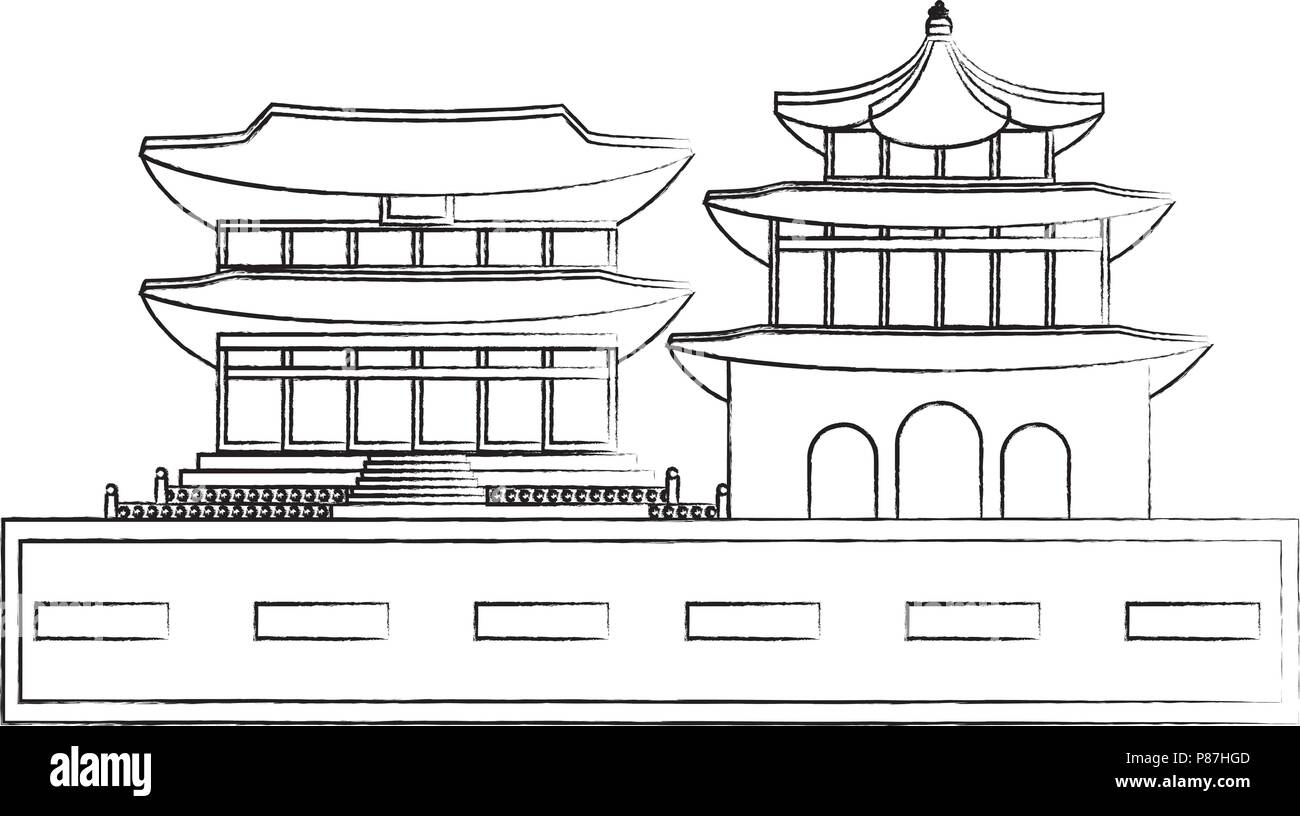 Street con la Corea del Sud edifici iconici icona su sfondo bianco, illustrazione vettoriale Illustrazione Vettoriale