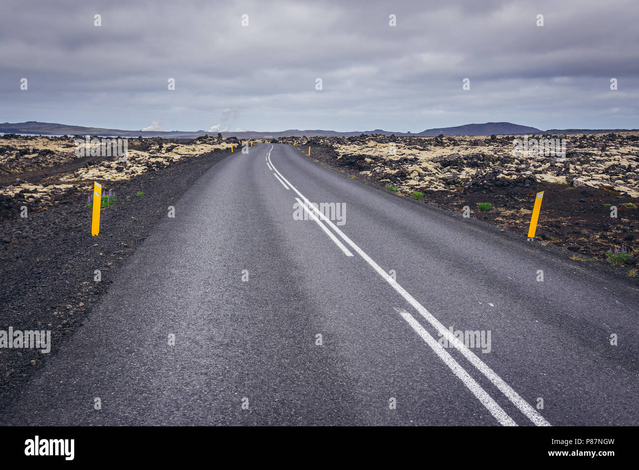 Road 425 tra i campi di lava coperti di muschio su un Reykjanesskagi - penisola meridionale nel sud-ovest dell'Islanda Foto Stock