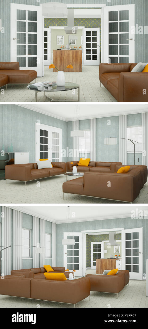 Tre viste del moderno interior design loft Foto Stock