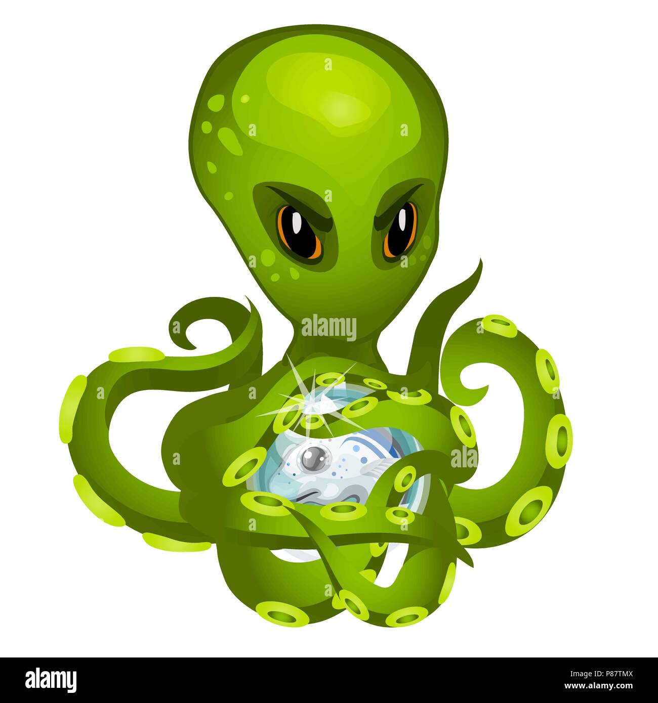 Cartoon verde alien octopus tenendo in tentacoli l'embrione pesce isolato su sfondo bianco. Vector cartoon close-up illustrazione. Illustrazione Vettoriale