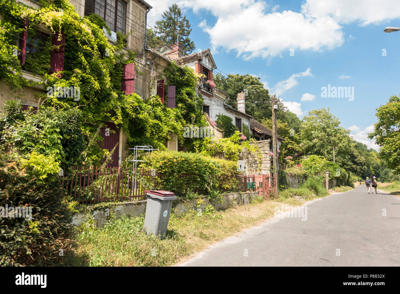 Edifici pittoreschi, ville, strada a Samois sur seine lungo le rive della Senna, Ile de France, Francia Foto Stock