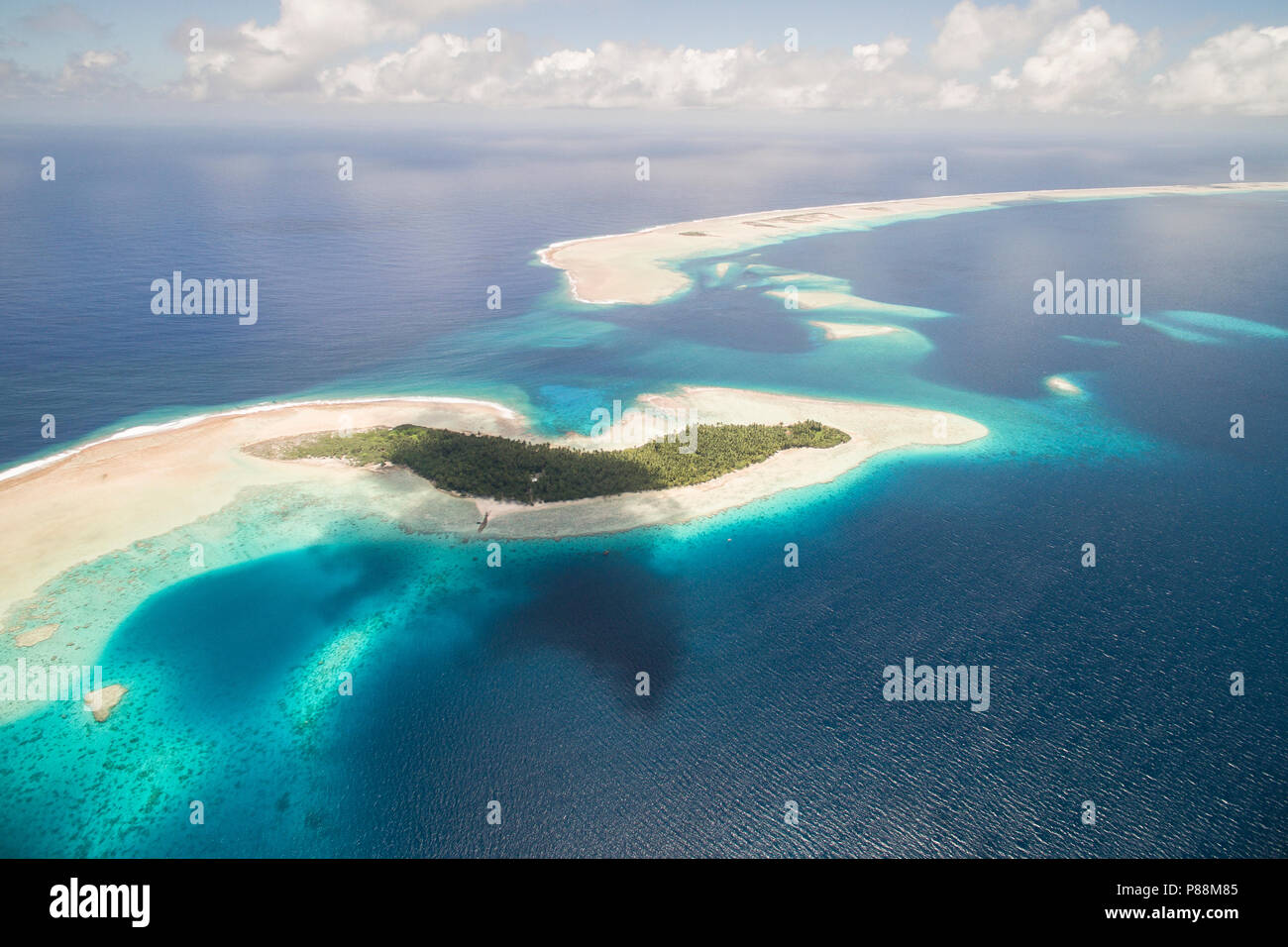 Vista aerea di Isola di ancoraggio in Suwarrow Atoll, Isole Cook Foto Stock