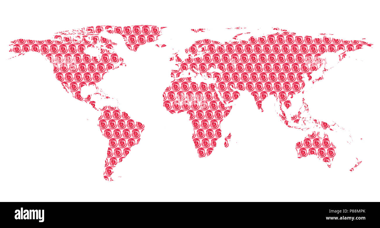 Immagine concettuale di una mappa del mondo e le rose rosa fianco a fianco Foto Stock