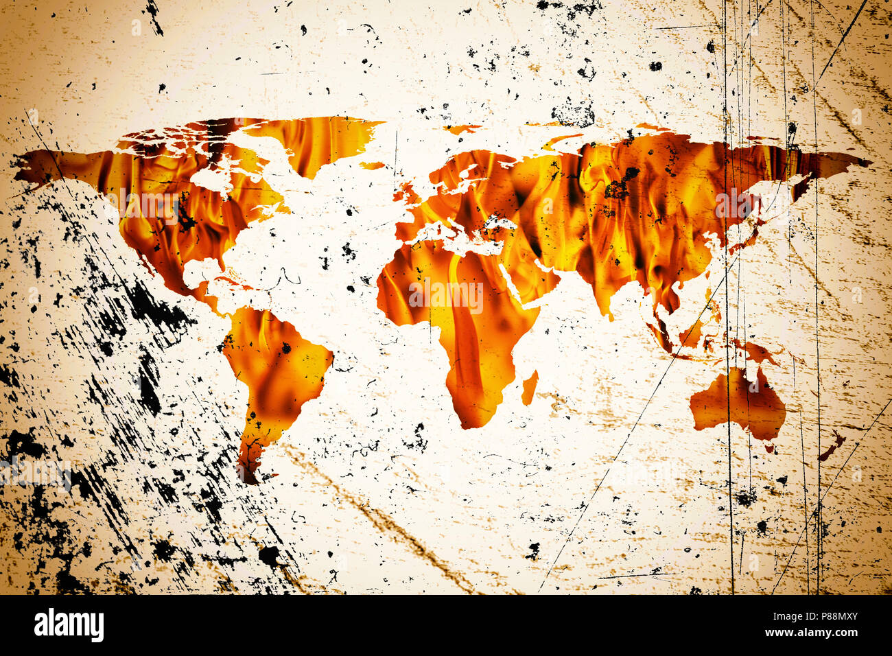Immagine concettuale del mondo piatto mappa e fiamme di fuoco. La NASA mappa piatta del mondo immagine utilizzata per arredare questa immagine. Foto Stock