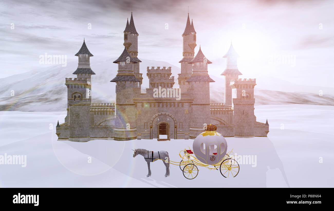 3D rendering di una fiaba fantasy castello invernale con un sogno di unicorn carrello in attesa al di fuori. Foto Stock