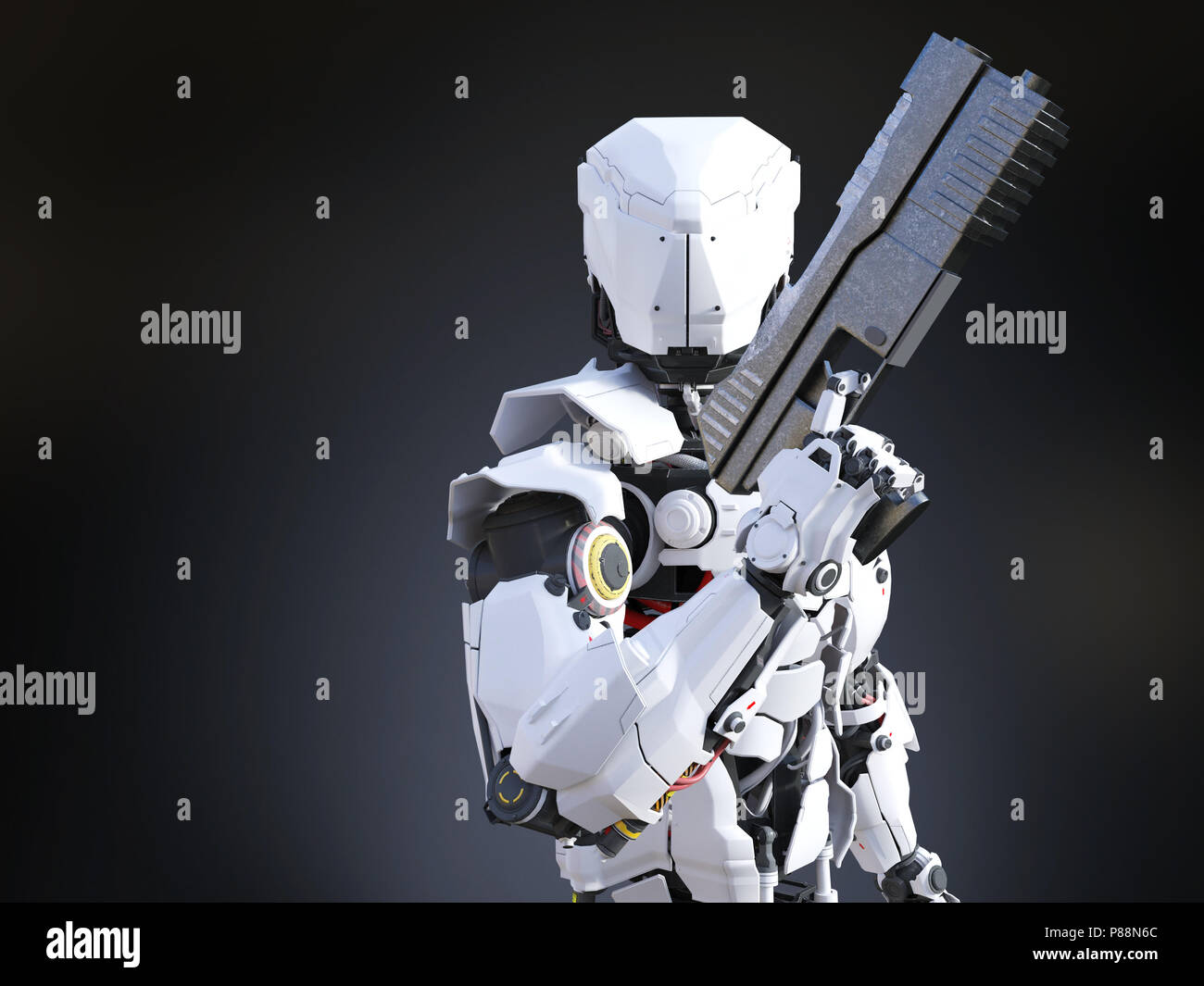 3D rendering di un avveniristico robot o di polizia militare in possesso di una pistola. Sfondo scuro. Foto Stock