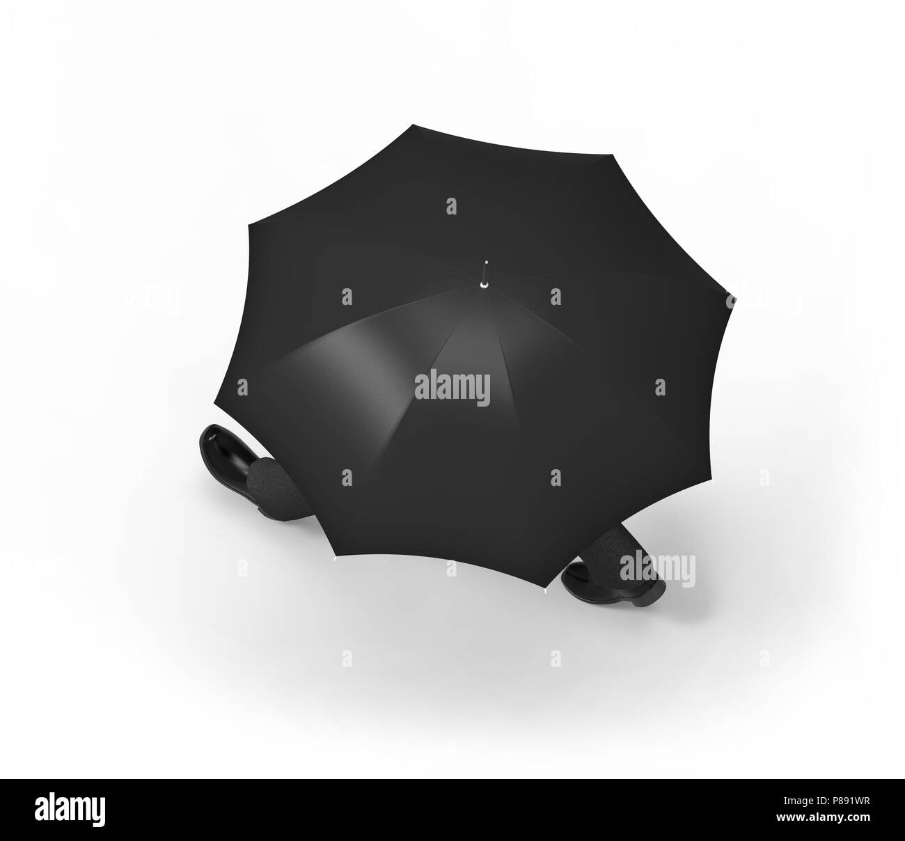 Uomo con ombrello a piedi, incorniciato dal di sopra, su uno sfondo bianco. Foto Stock