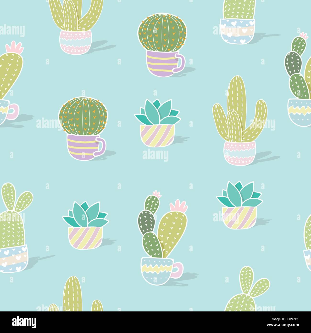 Illustrazione Vettoriale cactus seamless pattern. sfondo colorato dai colori pastello modello senza giunture di diversi Cartoon carino cactus per lo sfondo Illustrazione Vettoriale