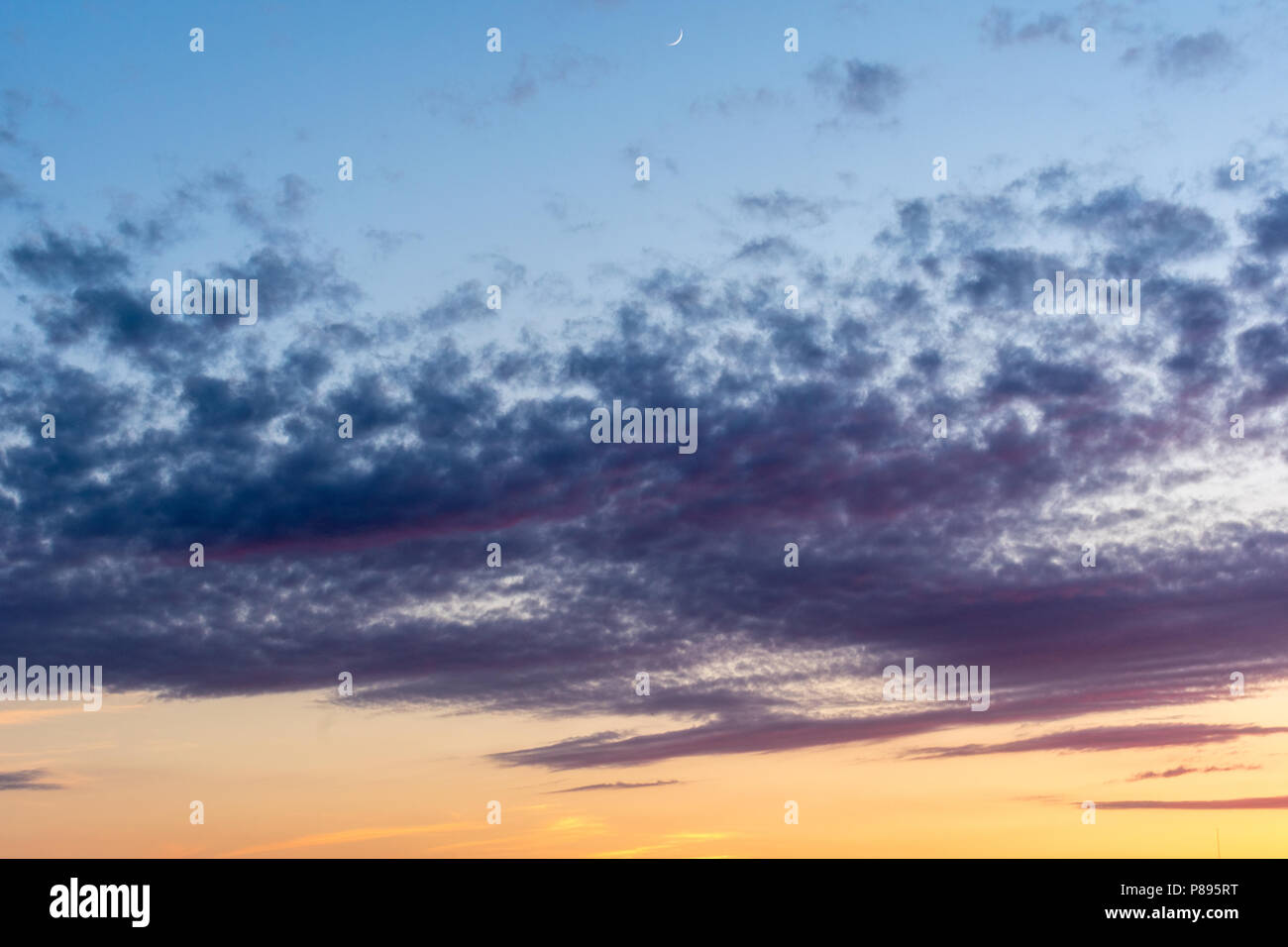 Bella viola e nuvole blu su sfondo blu e oro sky con un nastro di una luna Foto Stock