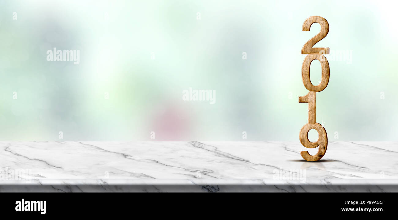 Nuovo anno 2019 numero di legno (3d rendering) su marmo bianco tavolo in blur abstract verde sfondo bokeh di fondo,Mock up banner spazio per il display o il montaggio di Foto Stock