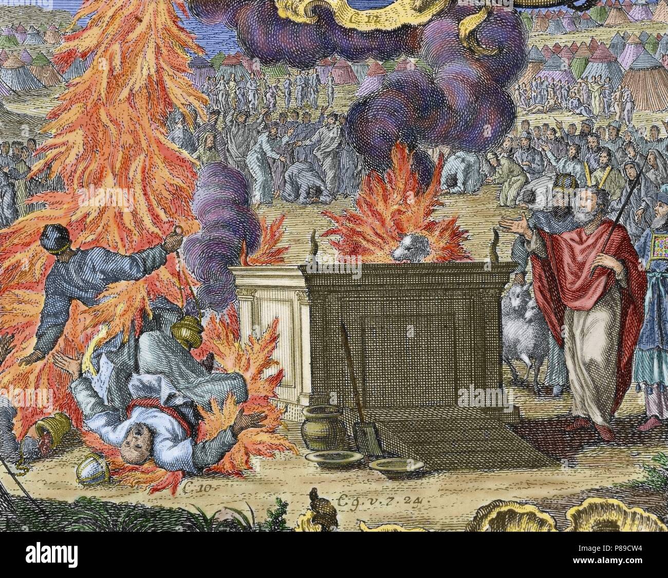 Dio la vendetta contro i figli di Aronne, Nadab e Abiu. Levitico, Capitolo 10. Incisione. Colorati. Foto Stock Dio la vendetta contro i figli di Aronne, Nadab e Abiu. Levitico, Capitolo 10. Incisione. Colorati. Foto Stock