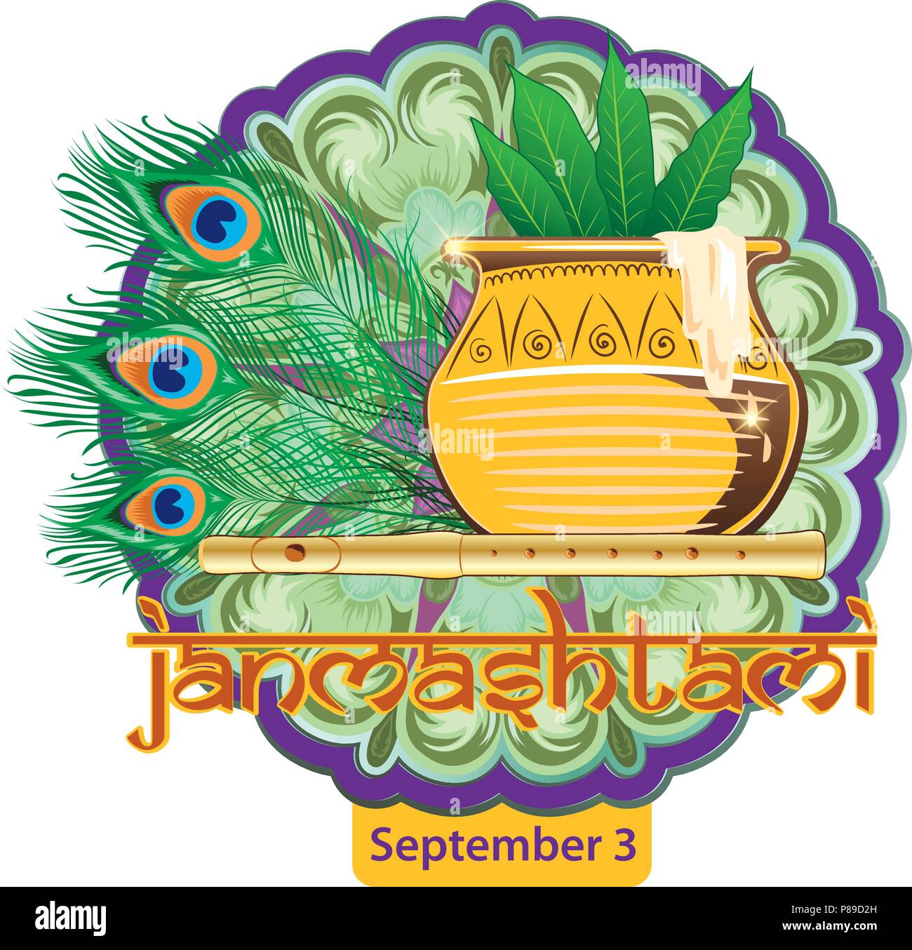 Illustrazione di Krishna in Happy Janmashtami festival dell India con testo in lingua hindi significato Shri Krishn Janmashtami Illustrazione Vettoriale
