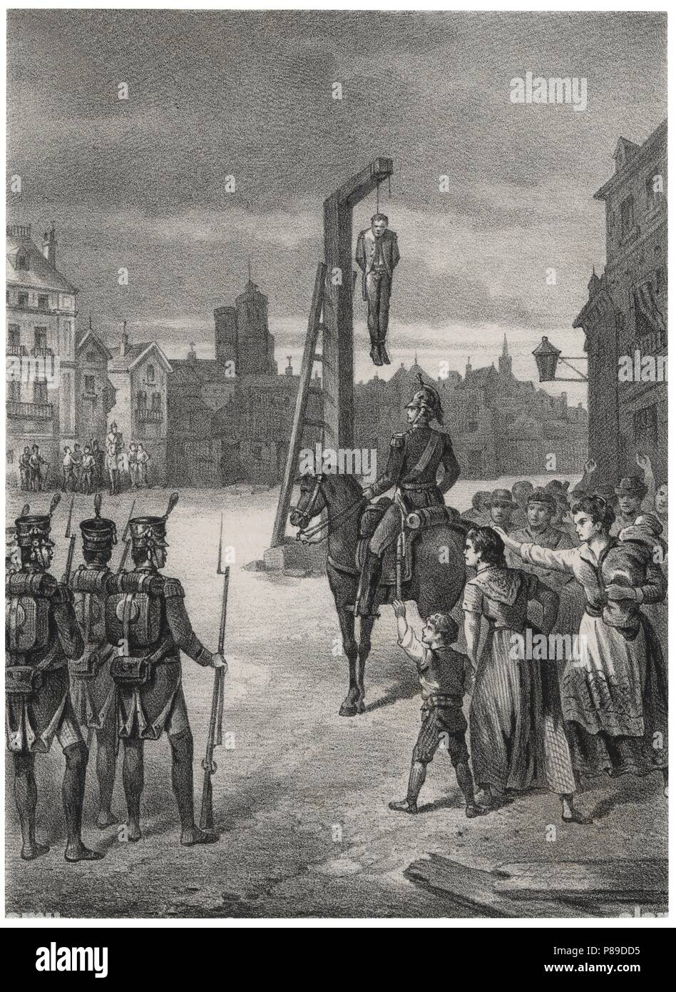 Historia de España. Ejecución del generale Rafael del Riego Flórez (1784-1823) en Madrid tras la restauración del absolutismo de Fernando VII. Grabado de 1880. Foto Stock