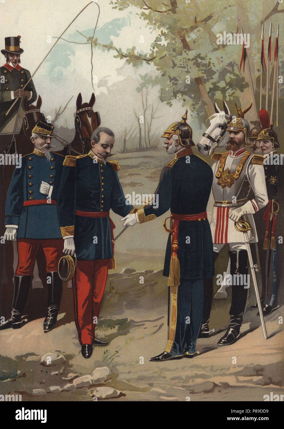 Historia. Guerra franco-prusiana. Rendición de Napoleón Bonaparte III (1808-1873), emperador de Francia, ante el canciller alemán Otto von Bismark (1815-1898) después de la Batalla de Sedán en 1870. Grabado de 1896. Foto Stock