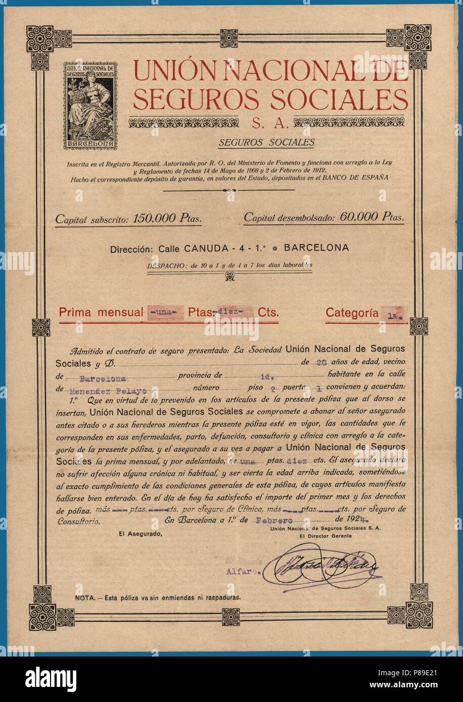 Póliza de seguro de enfermedad. Contrato de la Unión Nacional de Seguros Sociales S.A. Barcellona, año 1924. Foto Stock