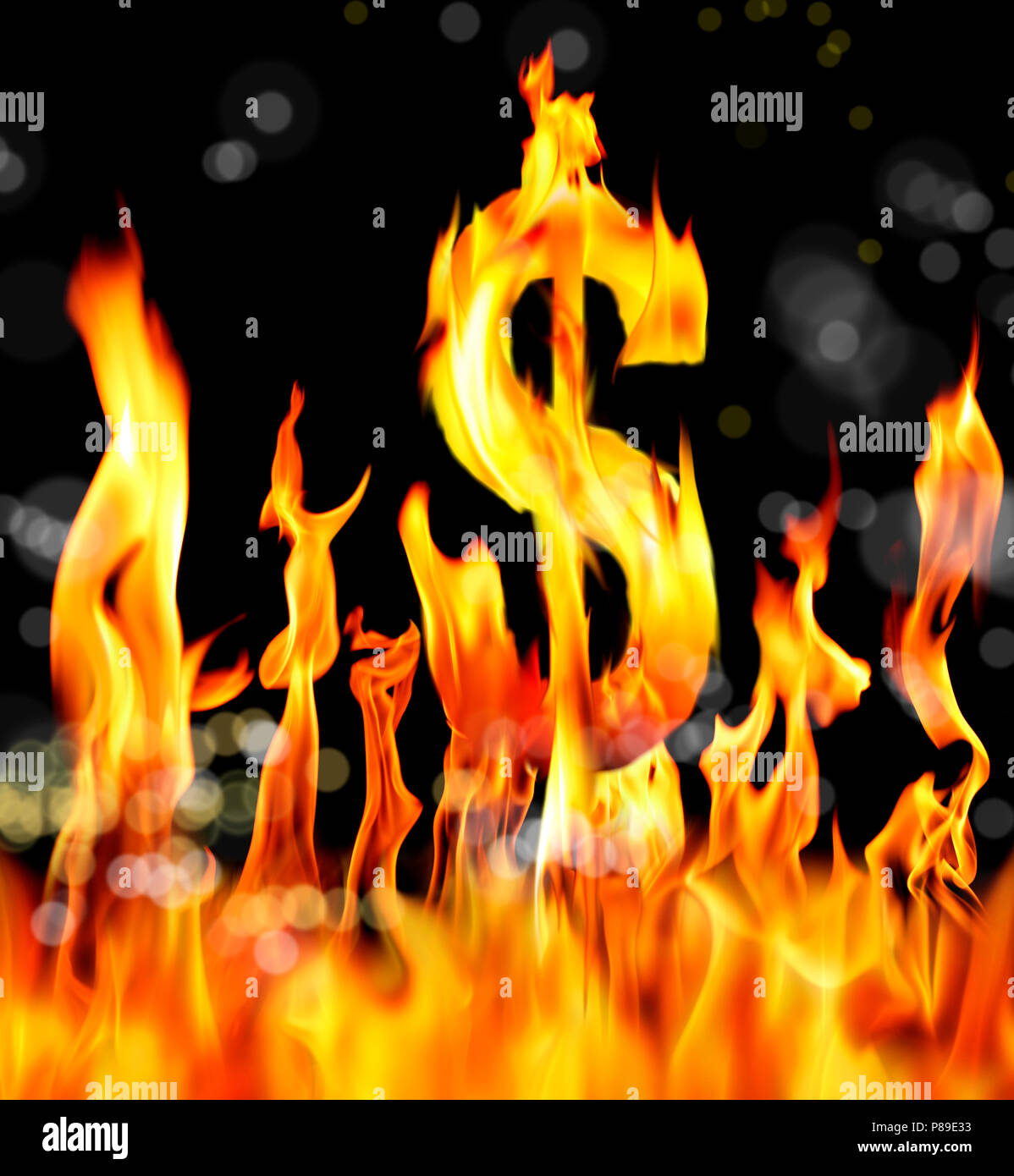 Immagine concettuale di bruciare dollar sign in nero Foto Stock