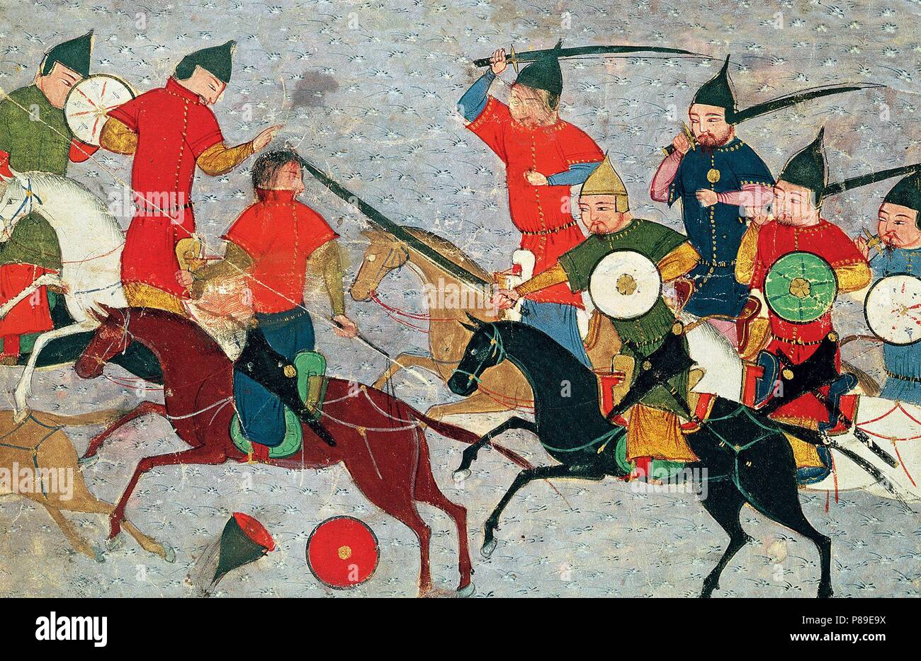 Ghenghis Khan in combattimento. Miniatura di Jami' al-tawarikh (Storia Universale). Museo: BIBLIOTHEQUE NATIONALE DE FRANCE. Foto Stock