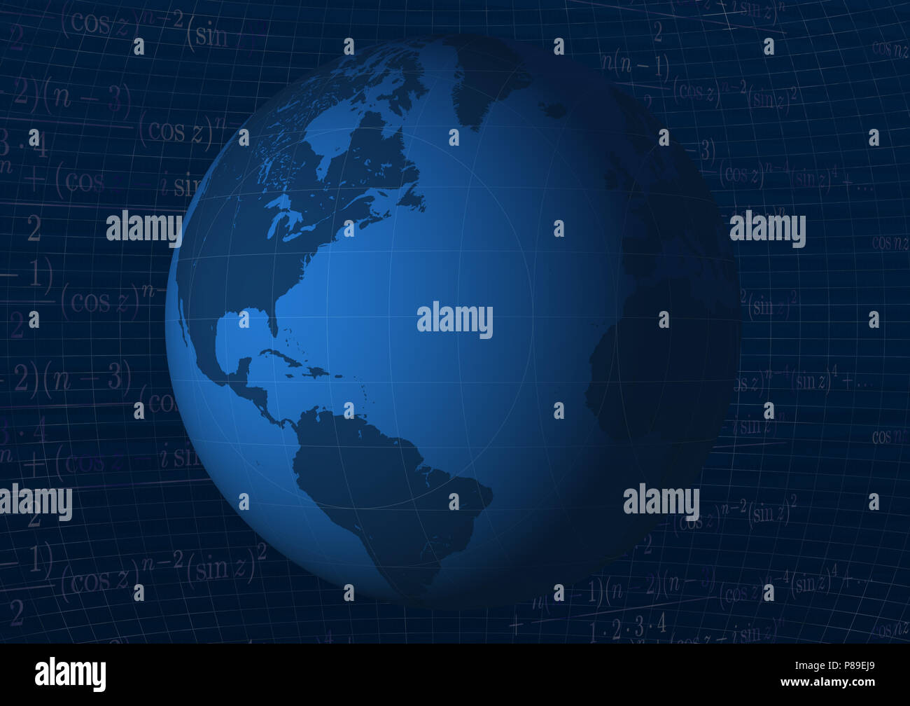 Gradiente dello sfondo con globo in blu con funzioni matematiche. Foto Stock