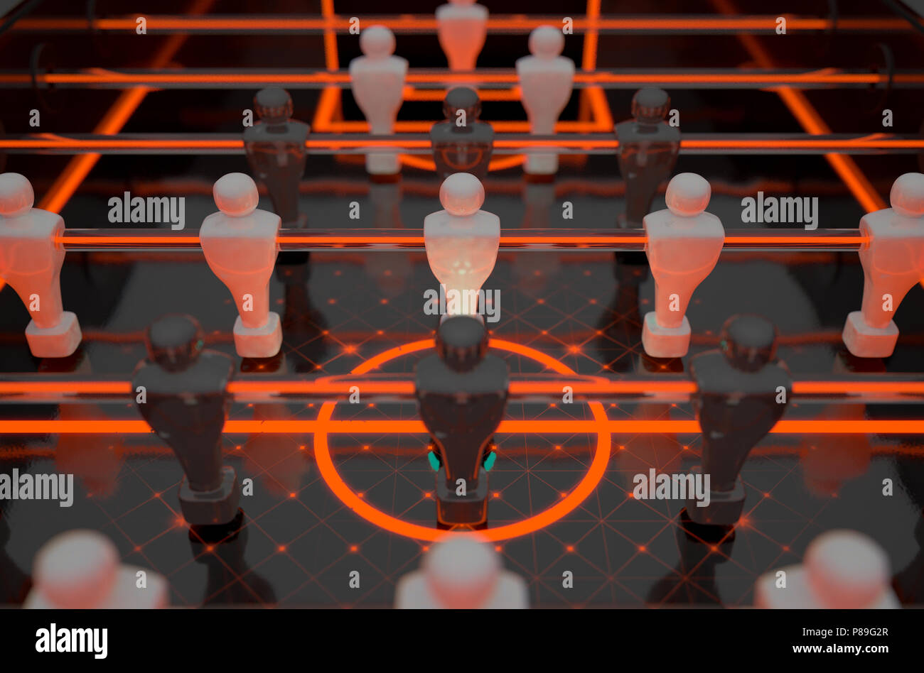 Un primo piano look delle statuette di un futuristico foosball tabella accesa dal drammatico indicazioni luminose e illuminazione - 3D render Foto Stock