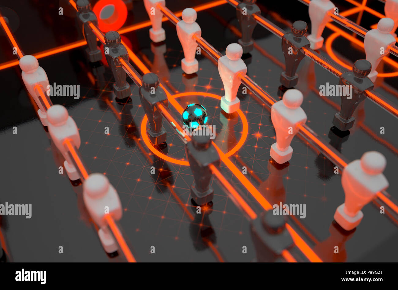 Un primo piano look delle statuette di un futuristico foosball tabella accesa dal drammatico indicazioni luminose e illuminazione - 3D render Foto Stock