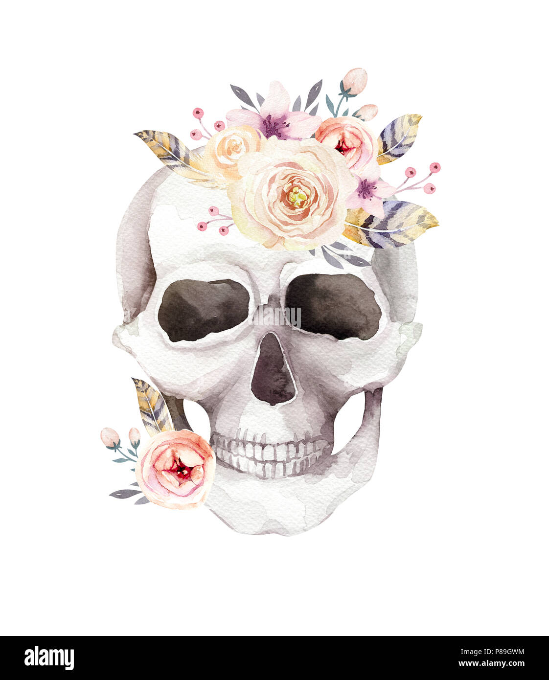 Acquerello umano cranio con bouquet floreali. Capo vintage helloween illustrazione. Retrò tattoo morte design disegno retrò Foto Stock