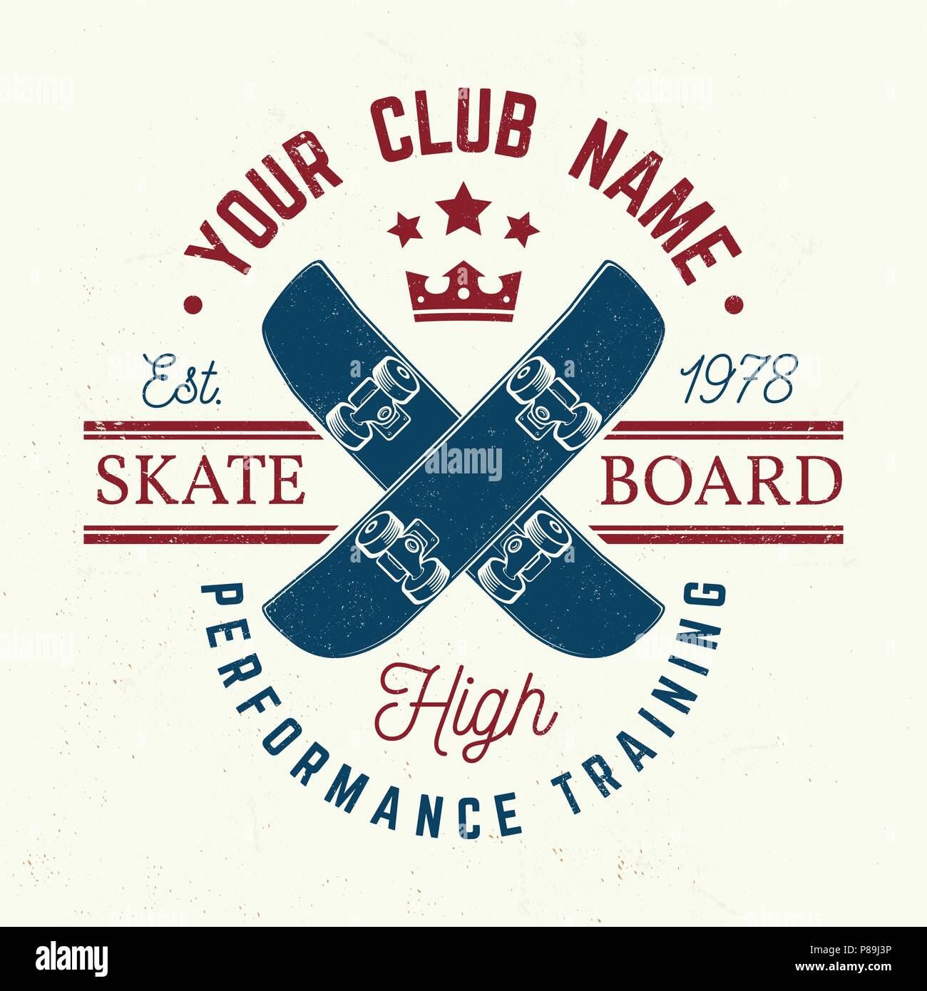 Skateboard club badge. Illustrazione Vettoriale. Per skate club emblemi, segni e t-shirt design. Skateboard design tipografia con skateboard e casco. Sport estremo. Illustrazione Vettoriale