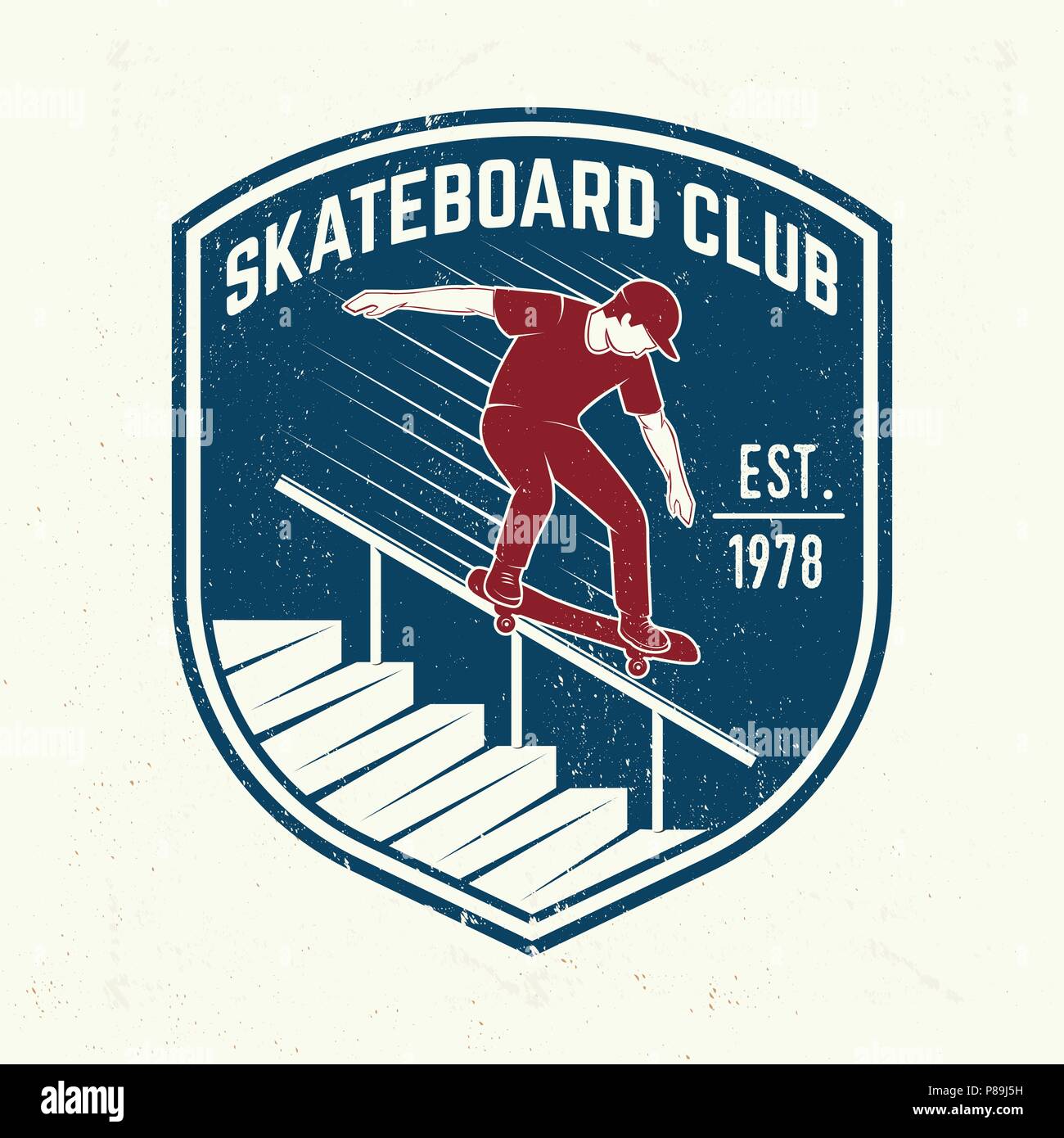 Lo skateboard club badge. Illustrazione Vettoriale. Per skate club emblemi, segni e t-shirt design. Skateboard design tipografia con skateboard e casco. Sport estremo. Illustrazione Vettoriale