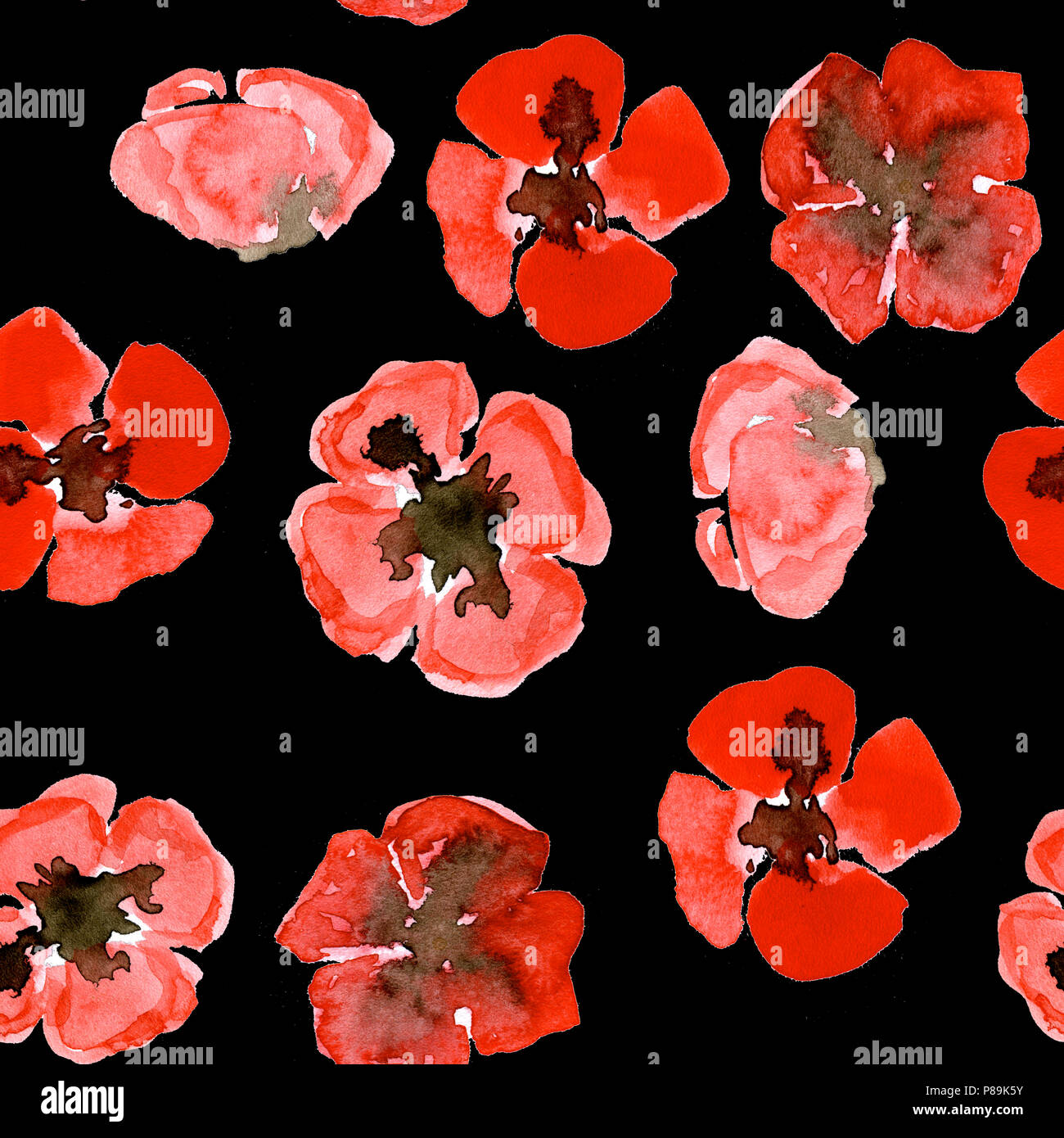 Acquerello seamless pattern con rosso papavero di piccole dimensioni su nero Foto Stock