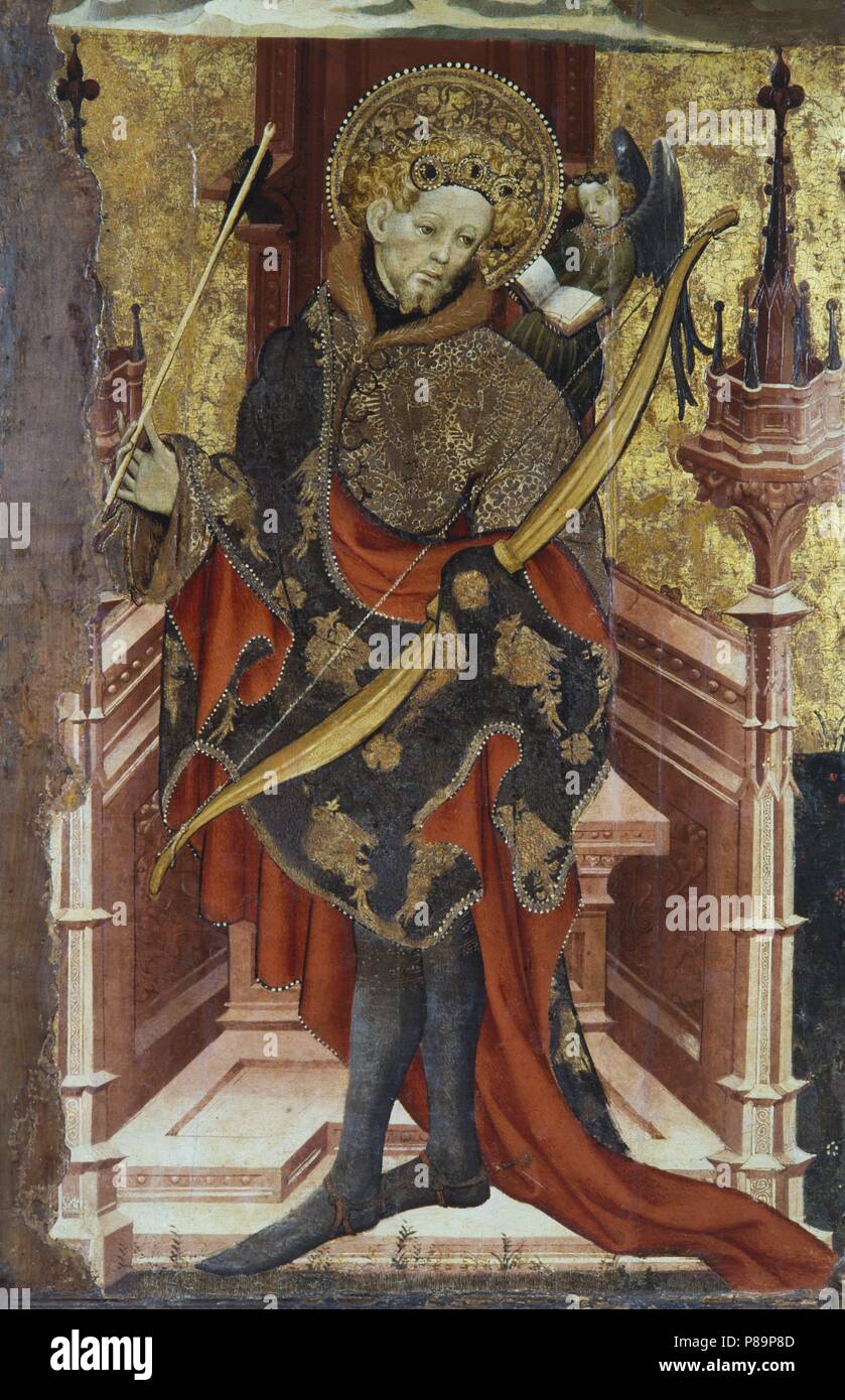 Pala di San Sebastian. Il pannello centrale. 1417-1425. Tempera, foglia oro e piastra di metallo su legno. 243,3 x 102,5 x 12 cm. Dal refettorio Cappella della Pia Almoina, Barcellona. Il Museu Nacional d'Art de Catalunya. Foto Stock