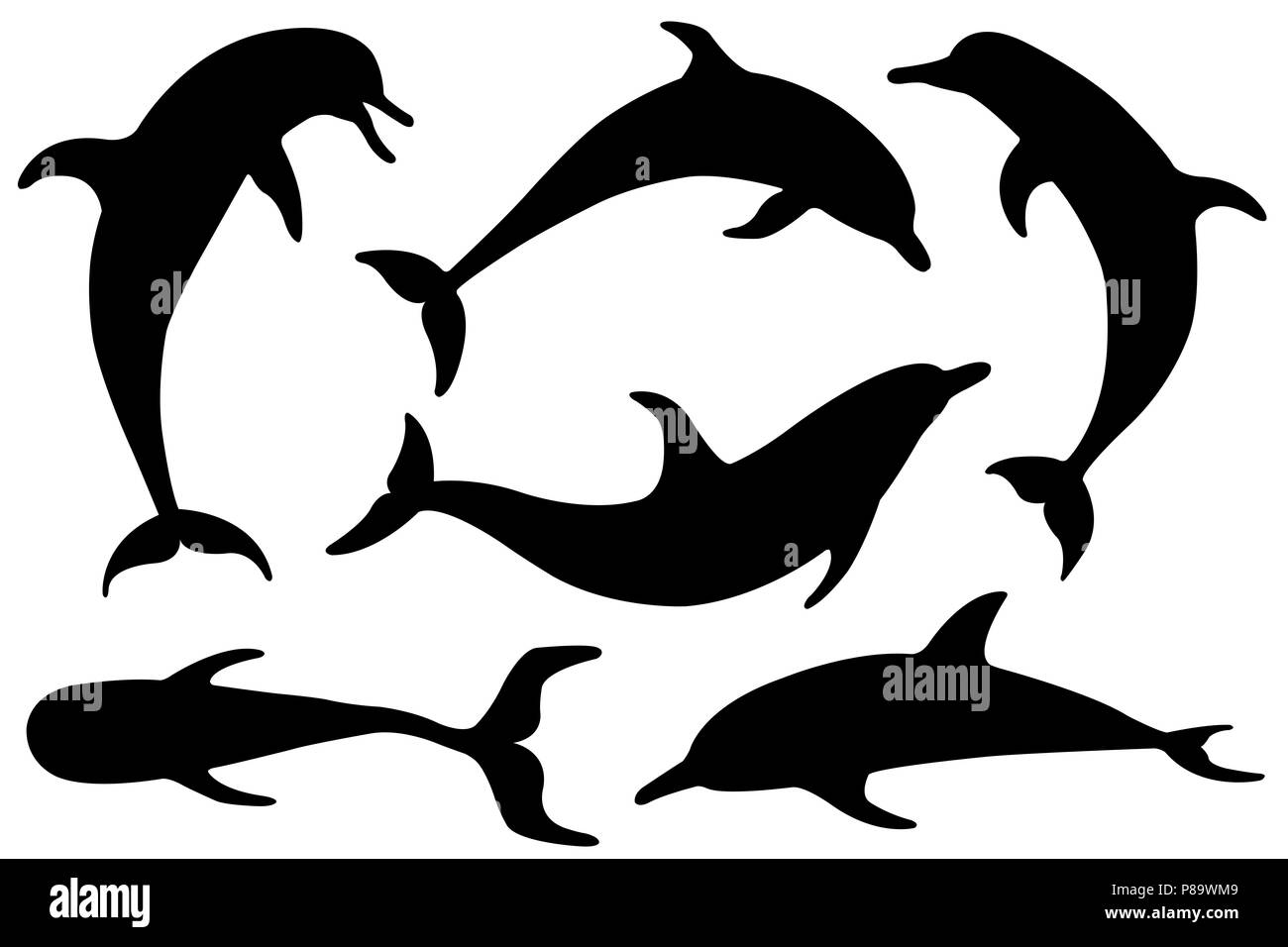 Set di sagome di delfini isolato su bianco Foto Stock