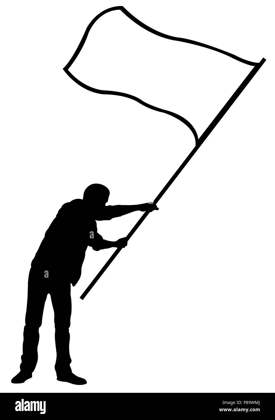 Silhouette di uomo sventola bandiera isolato su bianco Foto Stock