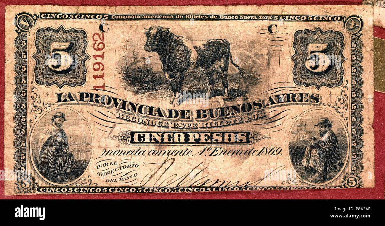 BILLETE DE 5 pesos ARGENTINOS - 1869. Posizione: MUSEO DE AMERICA-COLECCION, MADRID, Spagna. Foto Stock