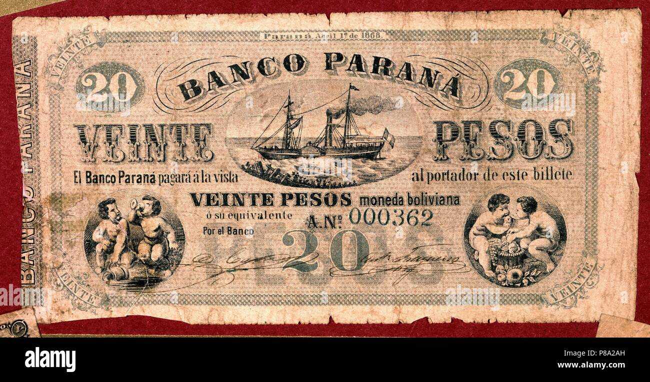 BILLETE DE 20 pesos ARGENTINOS - 1868. Posizione: MUSEO DE AMERICA-COLECCION, MADRID, Spagna. Foto Stock